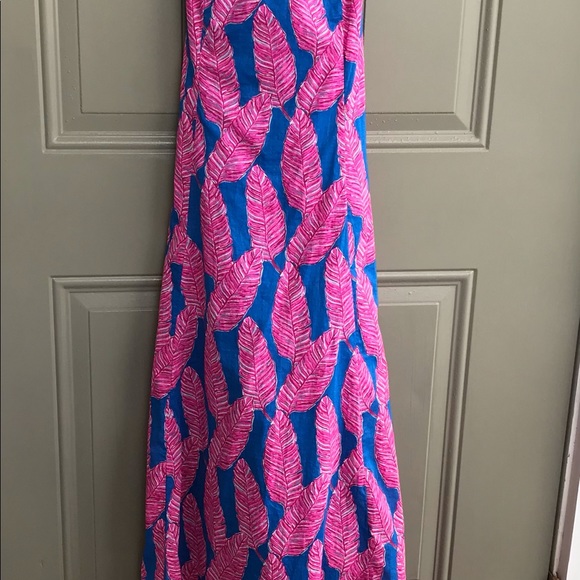 Vineyard Vines Long Maxi Spaghetti Strap Dress Pink Blue Feather Print 0 S - Picture 3 of 13